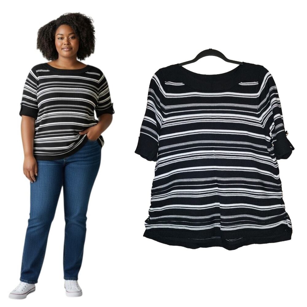 Apt 9 Womens Pullover Sweater Size 0X 14 Black White Striped Short Cuffed Sleeve